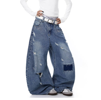 Women's Distressed Patch Washed Curved Blade Jeans