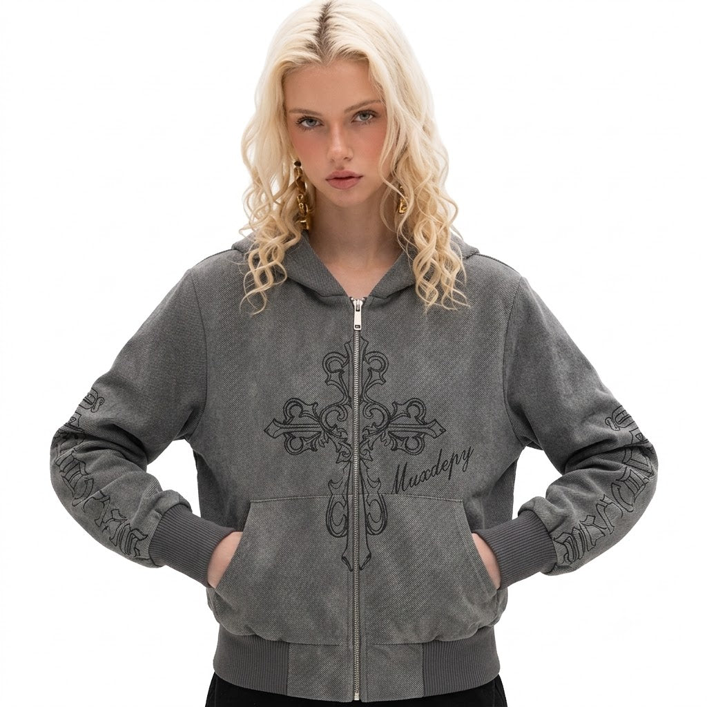 Retro cross print short hoodie for women | MuddyStock Originals