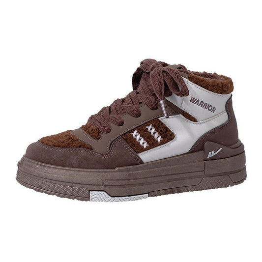 Color blocked high cut thick soled shoes for women Brown Gray (Fleece-lined)