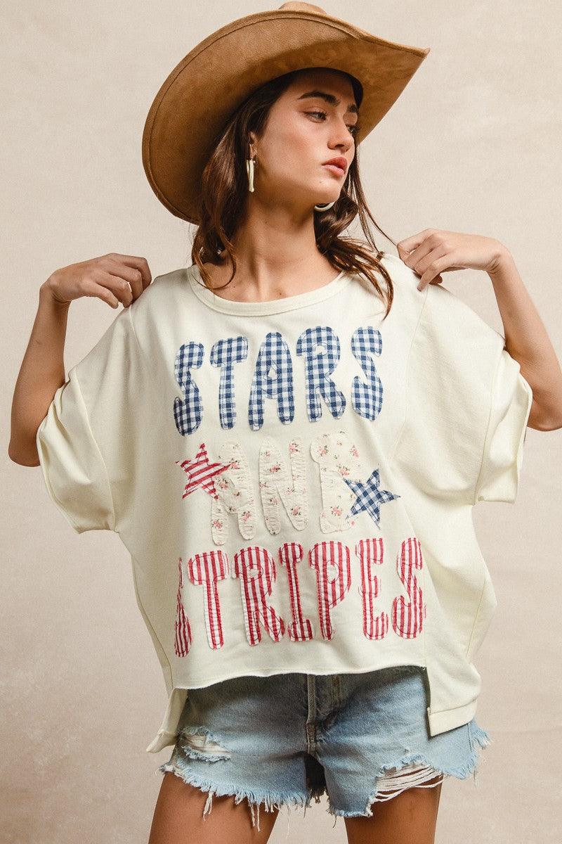 Mix And Match Stars And Stripes Patchwork Short Sleeve T-Shirt For Women CREAM