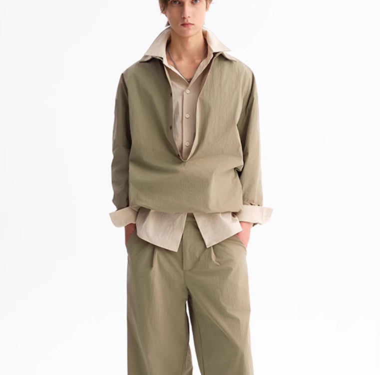Deep V Elastic Lower Hem Loose Long Sleeve Shirt For Men