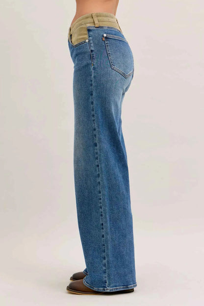 Judy Blue MR Column Straight Jeans with Corduroy Waist For Women Trendsi