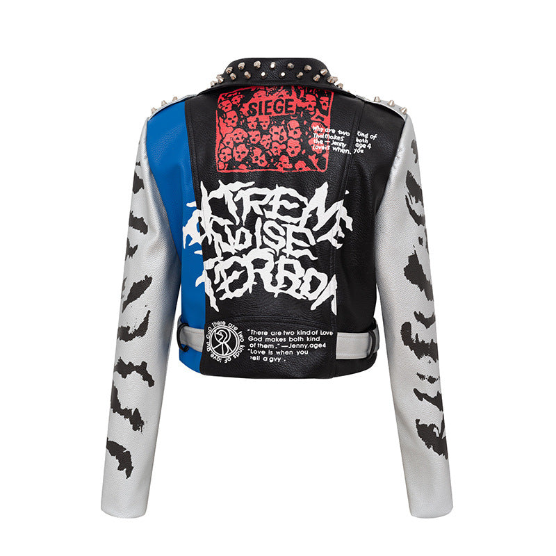 Graffiti Print Slim Motorcycle Leather Jacket For Women