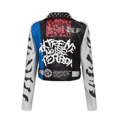 Graffiti Print Slim Motorcycle Leather Jacket For Women
