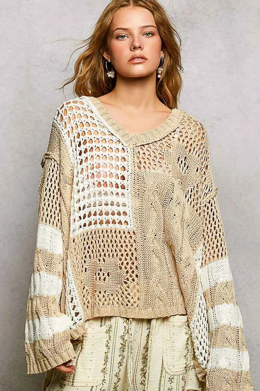 Stripe Pattern Knit Top with Twisted Weave For Women BEIGE Trendsi