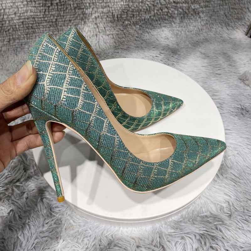 Glitter Embossed Crocodile Effect Women Greem Pointy Toe High Heel