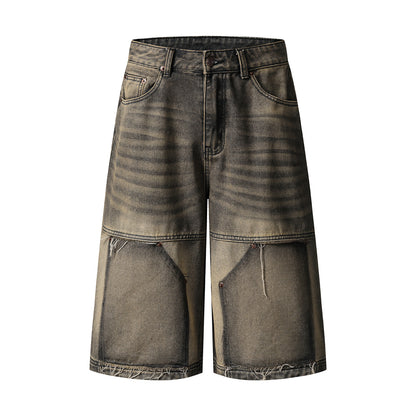 Washed Spliced Frayed Cuffed Jeans Unisex Cool Loose Casual Personality Trendy Shorts Black