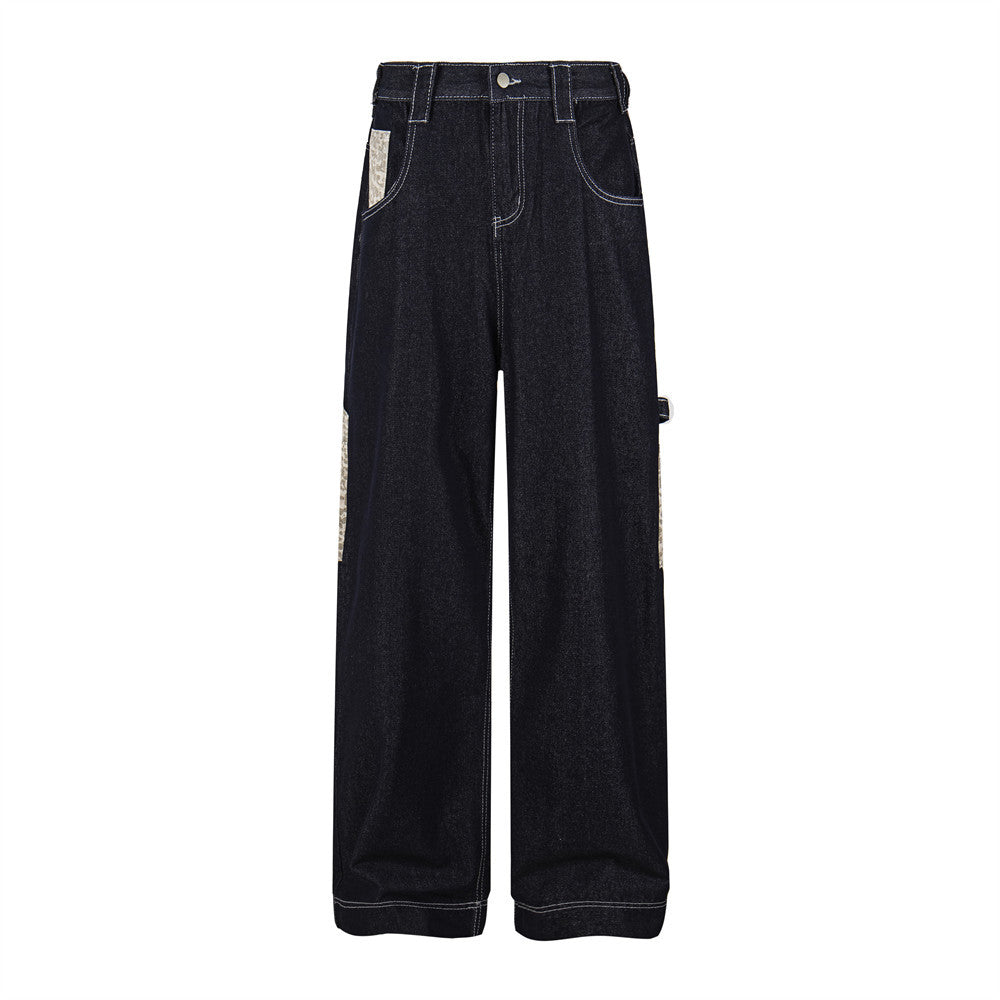 Leopard pocket contrasting denim workwear pants for women | MuddyStock Originals Black