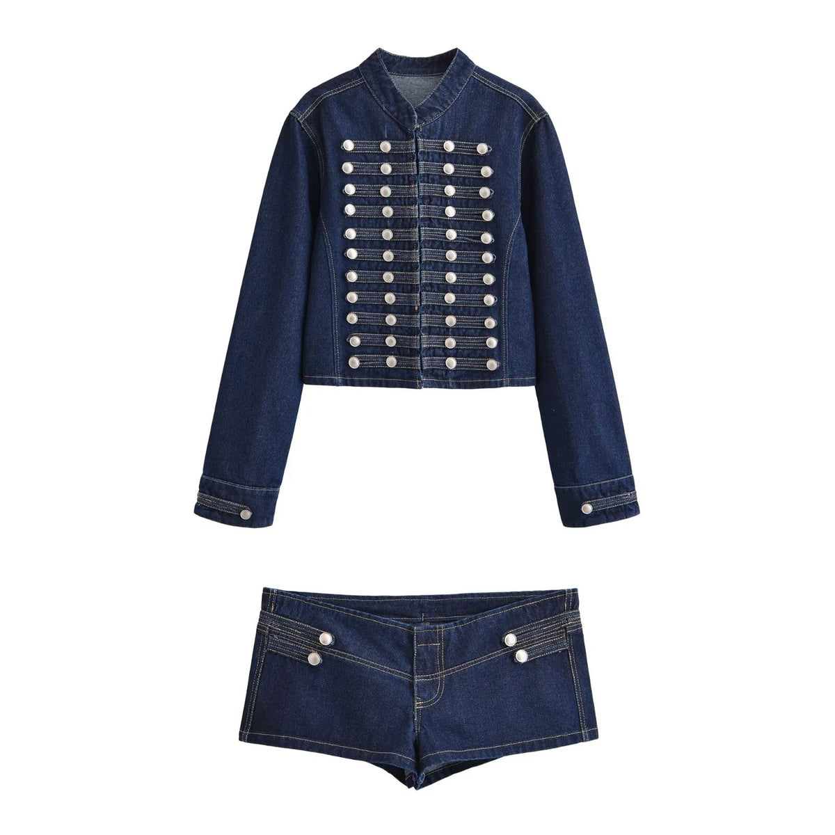 Multi row metal buckle denim jacket+shorts two-piece set for women