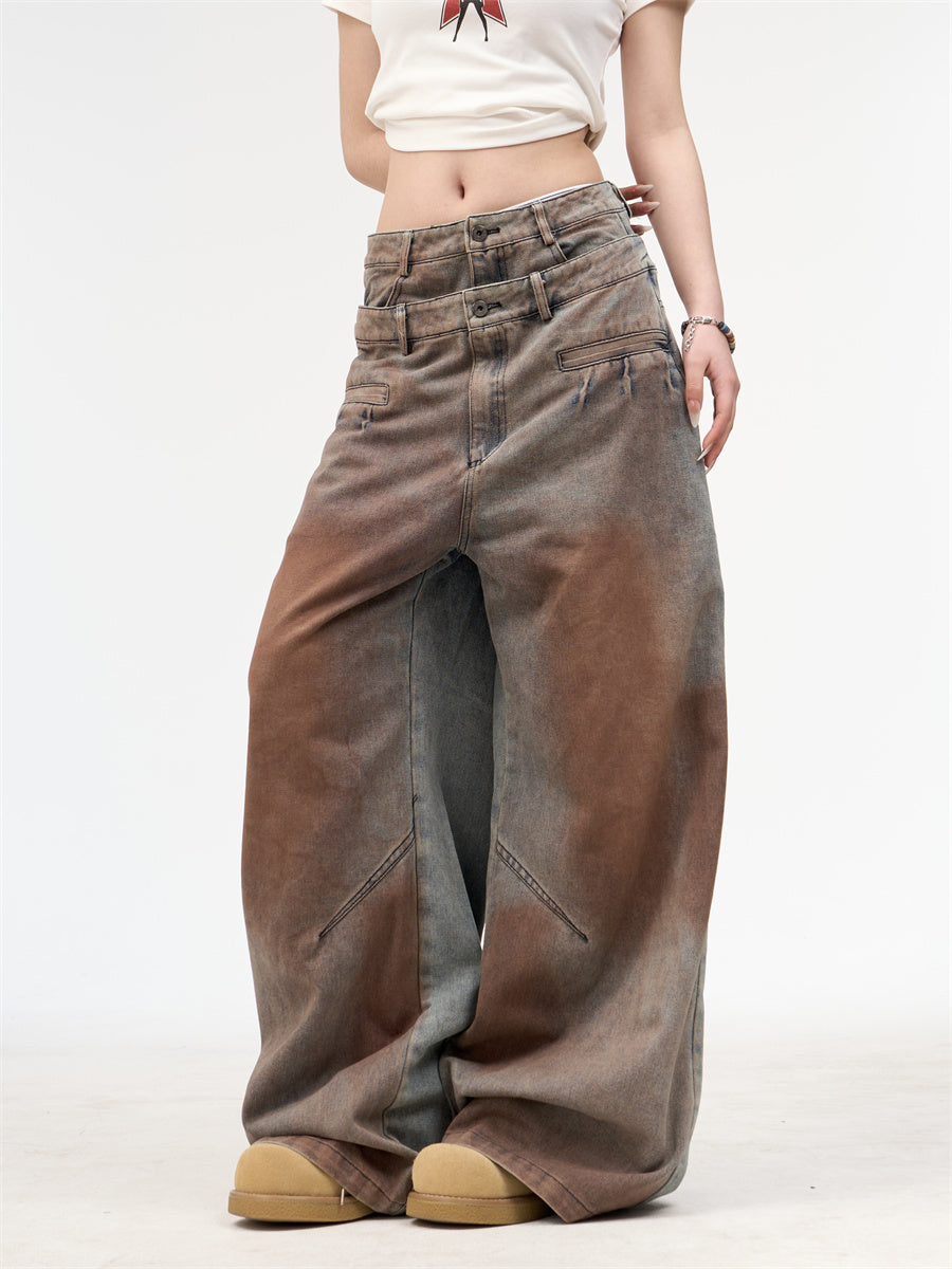 Women's American Retro Washed Double Waisted Jeans