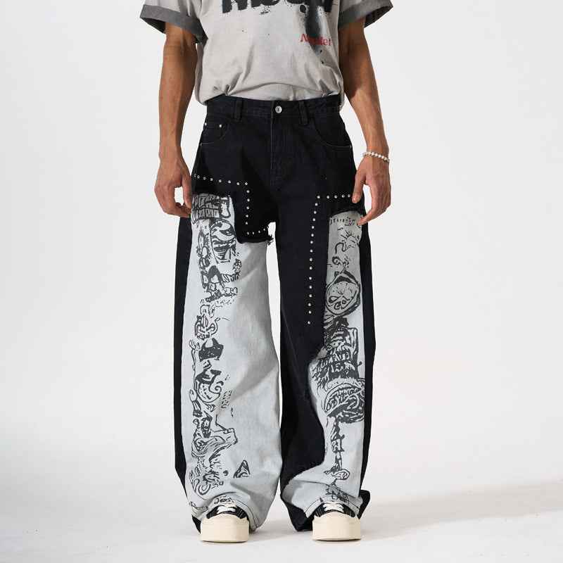 Men's nail bead splicing contrasting graffiti pattern jeans | MuddyStock Originals