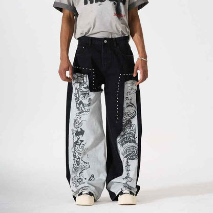 Men's nail bead splicing contrasting graffiti pattern jeans | MuddyStock Originals