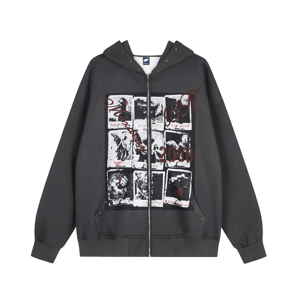 Print Zip Up Drop Shoulder Casual Hoodie For Women | MuddyStock Originals Dark Gray