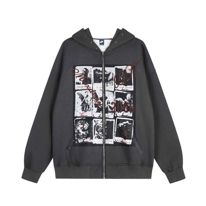 Print Zip Up Drop Shoulder Casual Hoodie For Women | MuddyStock Originals Dark Gray