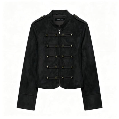 Punk Court Style Double-Breasted Metal Decorated Napoleon Collar Padded Shoulder Jacket Black