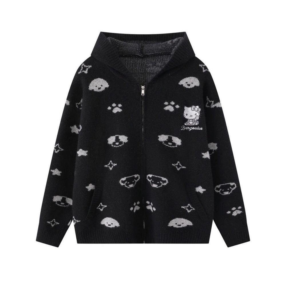 Full printed jacquard cartoon rabbit ear hooded knitted hoodie for women | MuddyStock Originals Black