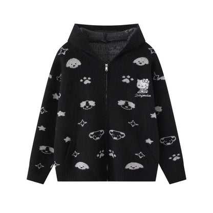 Full printed jacquard cartoon rabbit ear hooded knitted hoodie for women | MuddyStock Originals Black