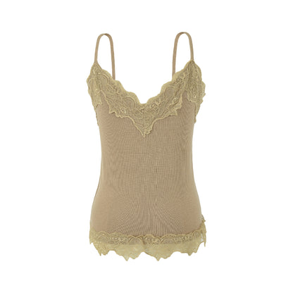 Reversible Wool Blend Camisole with Scalloped Lace Trim Soft Spring Innerwear Top Khaki