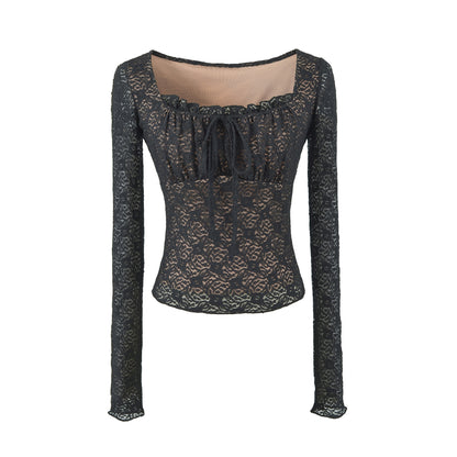 Sexy Lace Short Sleeve Square Neck T-Top Black