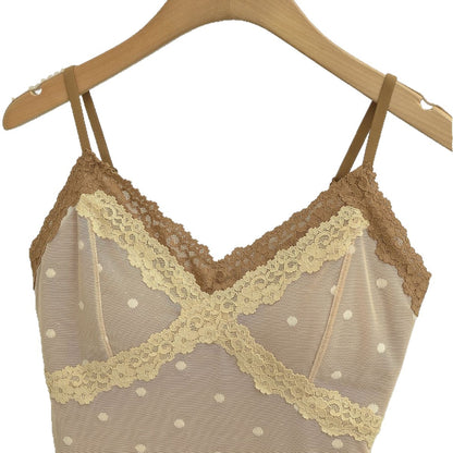 Polka Dot Lace Sleeveless Camisole Top with Built-in Pads
