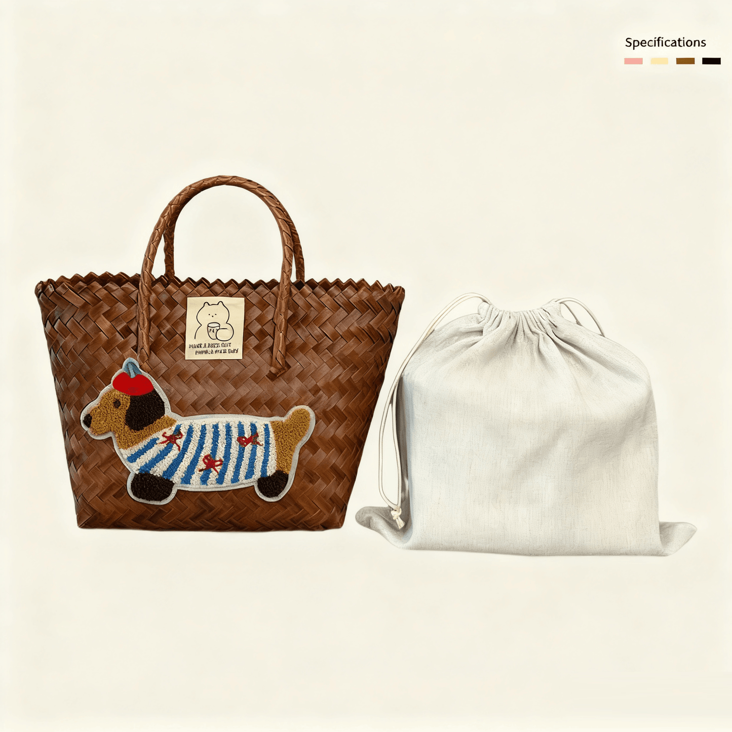 Large capacity sausage dog hand woven cabbage basket bag Handheld - Vintage Brown Colorful Dog (with Lining)