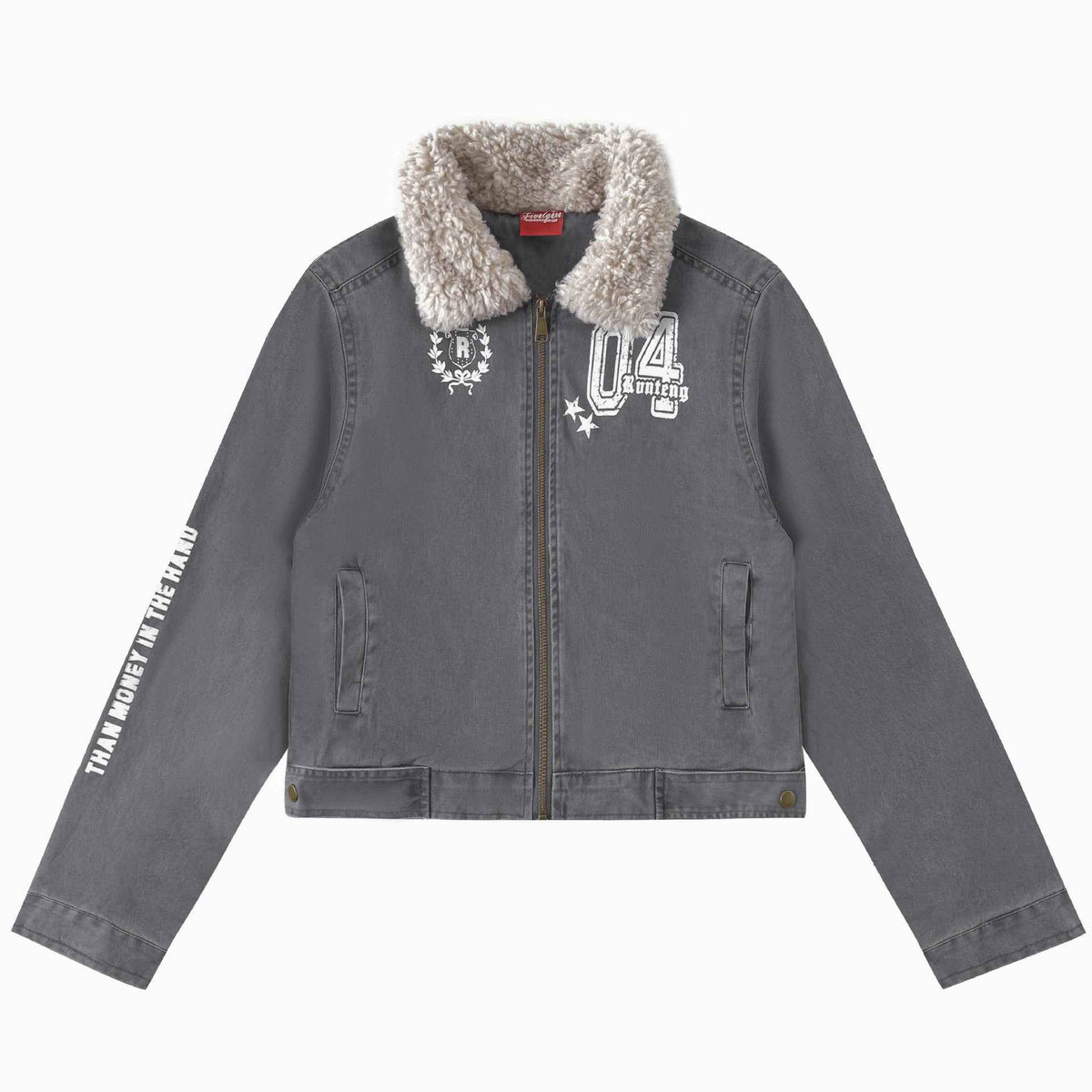 Women's Sherpa Distressed Print Turn-down Collar Short Moto Jacket | MuddyStock Originals Gray