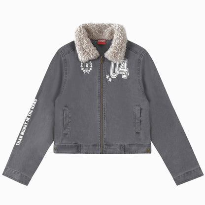 Women's Sherpa Distressed Print Turn-down Collar Short Moto Jacket | MuddyStock Originals Gray