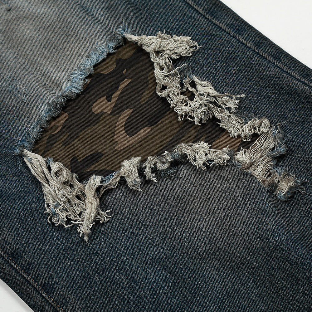 Make old distressed camouflage patch straight leg jeans for men | MuddyStock Originals
