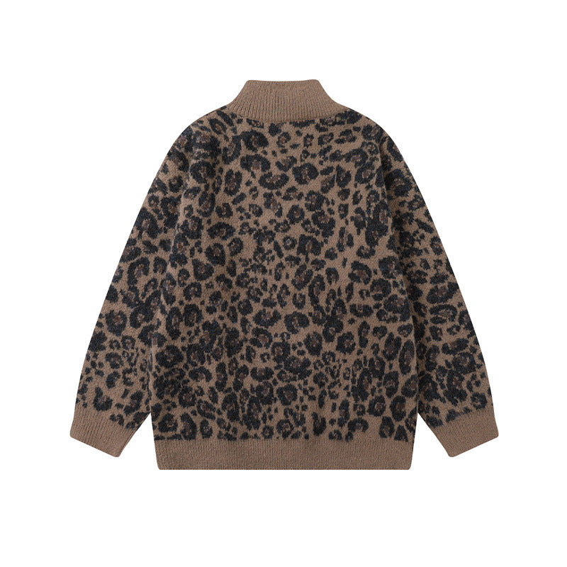 Leopard print stand up collar cardigan men's and women's knitted jacket