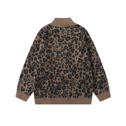 Leopard print stand up collar cardigan men's and women's knitted jacket