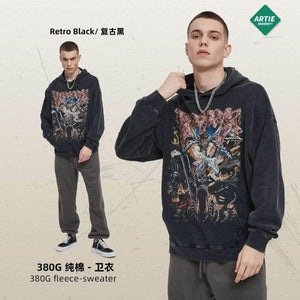 Printed cartoon retro distressed men's hoodie | MuddyStock Originals Retro Black