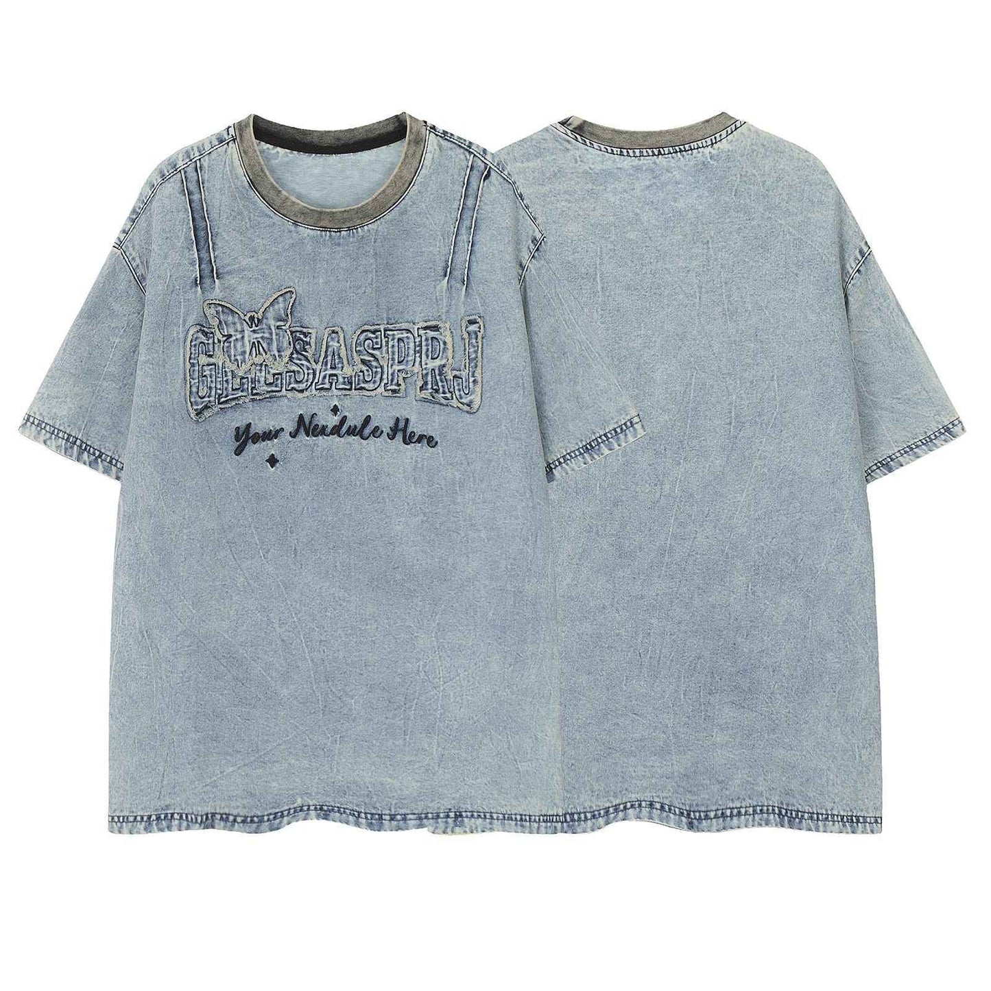 Retro Butterfly Letter Patch Embroidery Denim Short Sleeve T-Shirt For Men And Women | MuddyStock Originals MuddyStock