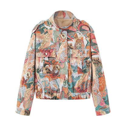Peacock print zipper jacket for women | MuddyStock Originals Image Color MuddyStock