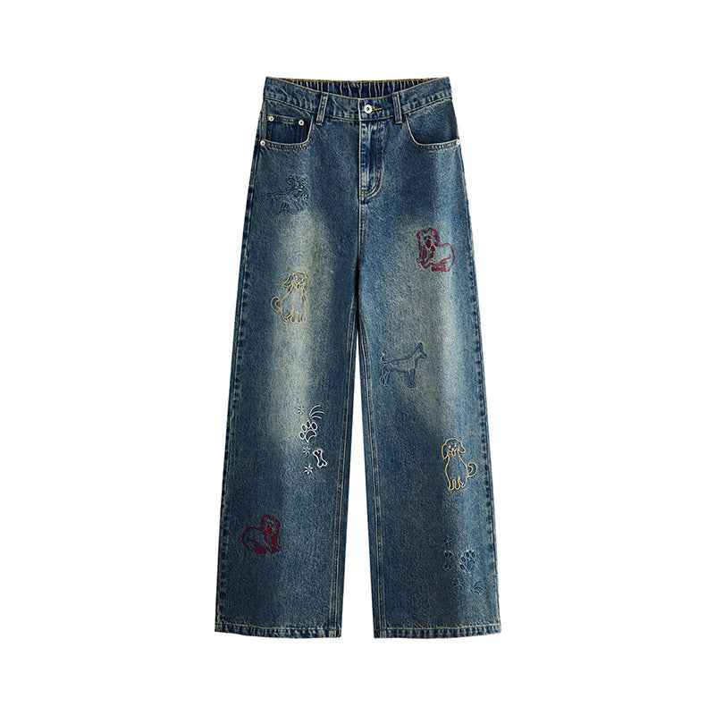 Dog Embroidered Wide Leg Jeans For Men And Women Washed Blue MuddyStock