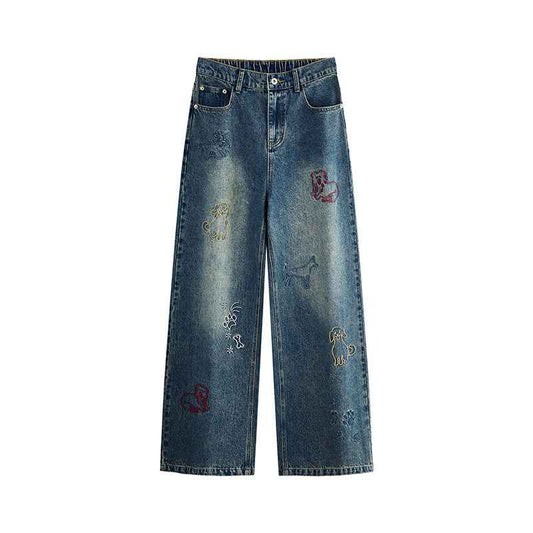 Dog Embroidered Wide Leg Jeans For Men And Women Washed Blue MuddyStock