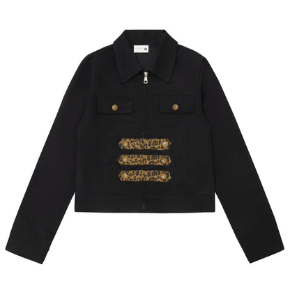 Leopard Print Zipper Lapel Workwear Jacket For Women | MuddyStock Originals Black