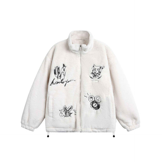 Hand-painted Cartoon Lamb Fleece Stand-up Collar Cotton Coat For Women | MuddyStock Originals