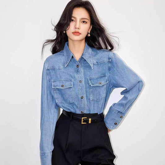 Premium blue shirt washed denim casual loose patchwork | MuddyStock Originals blue MuddyStock