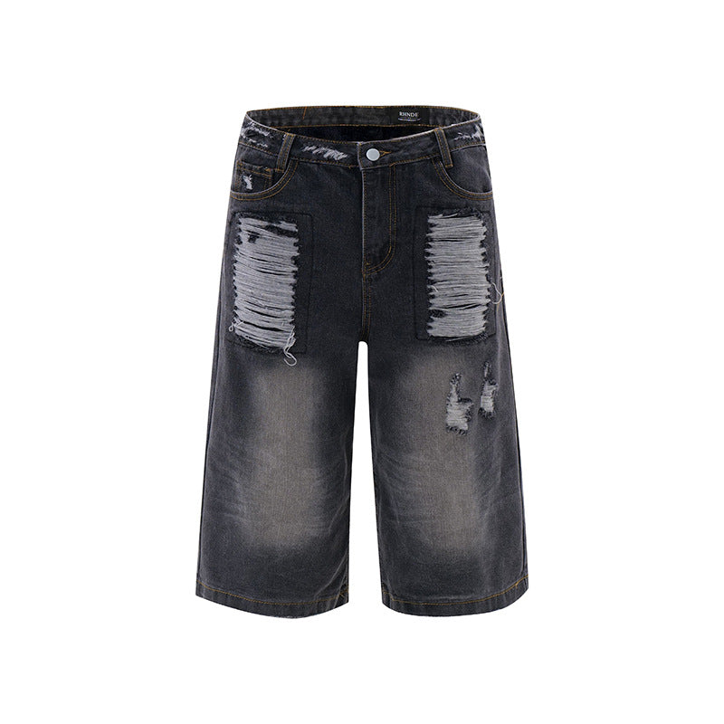 Loose silhouette washed and worn straight denim shorts