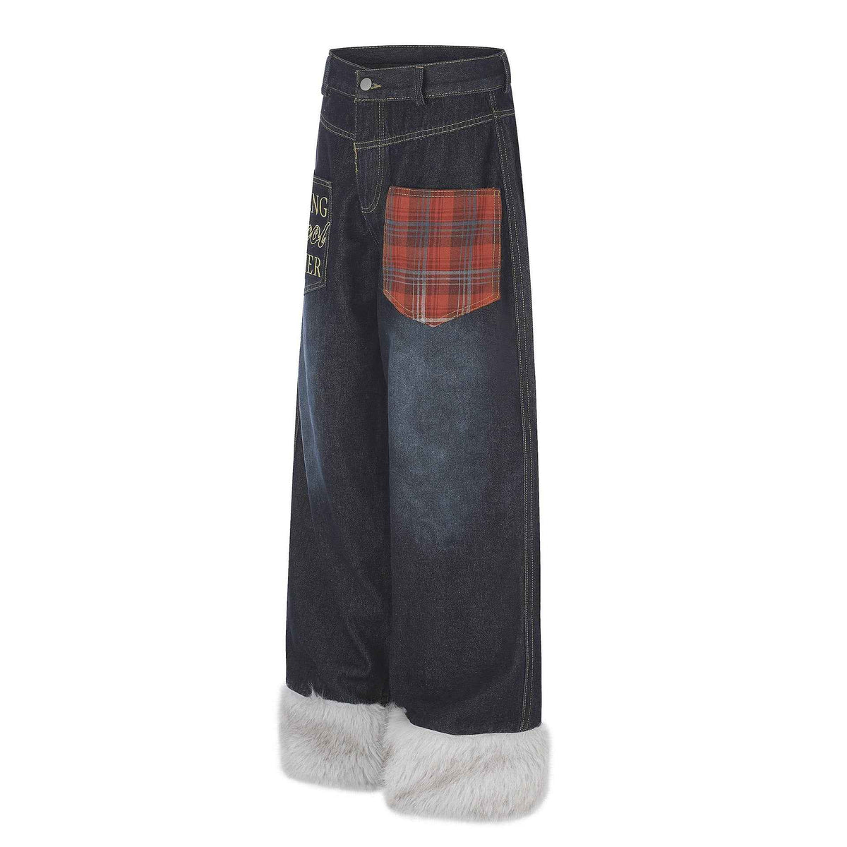 Plaid Patchwork Pocket Fleece-Lined Washed Denim Jeans For Women | MuddyStock Originals