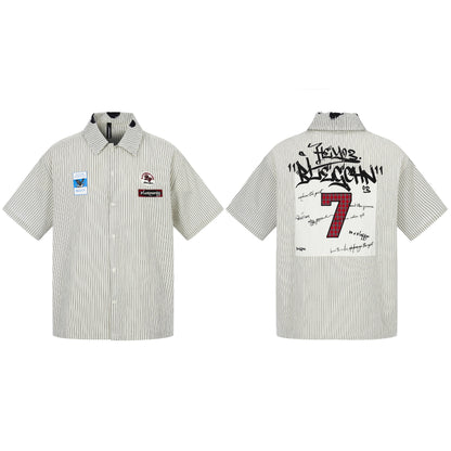 Letter printed loose short sleeved striped shirt for men | MuddyStock Originals