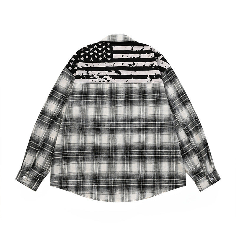 Vintage Washed Plaid Long Sleeve Lapel Casual Men's Shirt Black