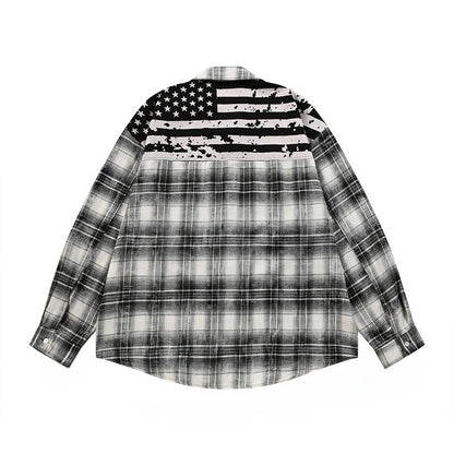 Vintage Washed Plaid Long Sleeve Lapel Casual Men's Shirt Black