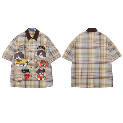 Retro Cartoon Embroidery Plaid Short Sleeve Shirt For Men | MuddyStock Originals eprolo