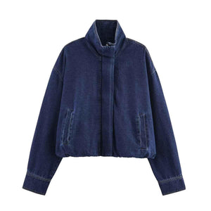 Casual stand collar long sleeved denim jacket for women | MuddyStock Originals denim blue