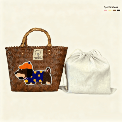 Large capacity sausage dog hand woven cabbage basket bag Bamboo Node - Retro Brown Bobo Dog (with lining)