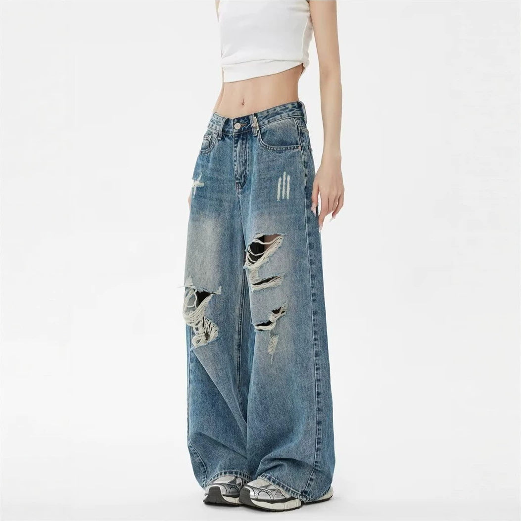 Vintage Blue Ripped Washed Denim Pants For Women | MuddyStock Originals