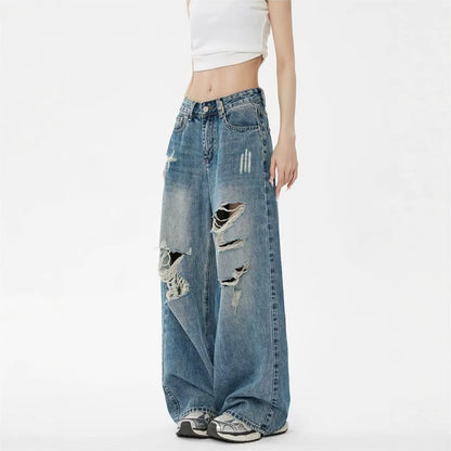 Vintage Blue Ripped Washed Denim Pants For Women | MuddyStock Originals