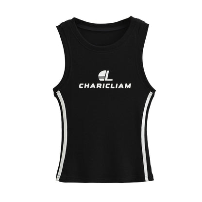 Printed ribbon slim fit round neck vest for women | MuddyStock Originals Black MuddyStock