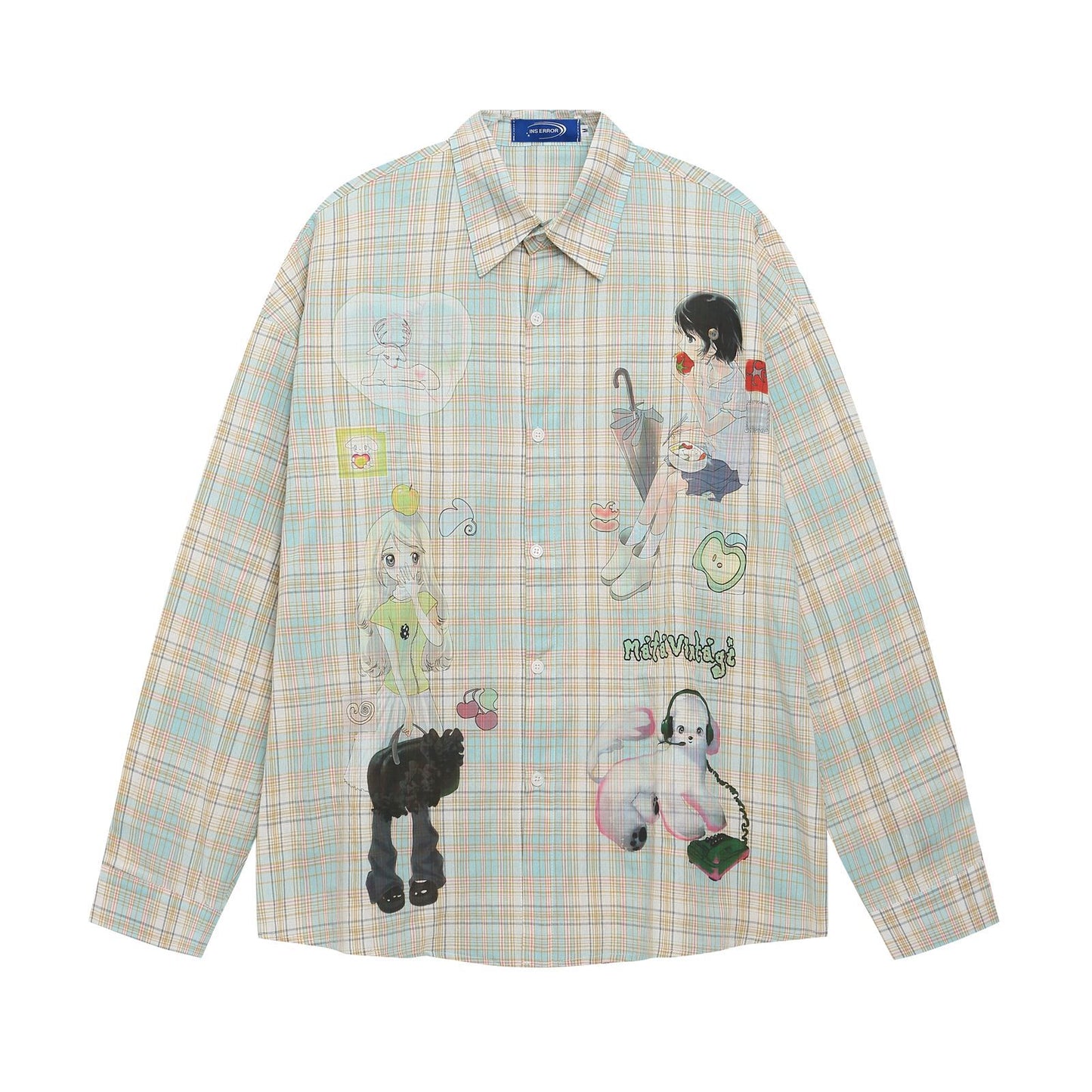 Style Fun Cartoon Print Plaid Long Sleeve Shirt Unisex Loose Fit All-Match Long Sleeve Blouse Jacket eprolo